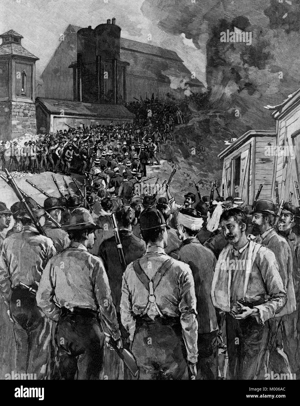 Agencia de Detectives Pinkerton hombres dejando las barcazas tras la rendición de los huelguistas durante la huelga de Homestead. Julio de 1892 Foto de stock