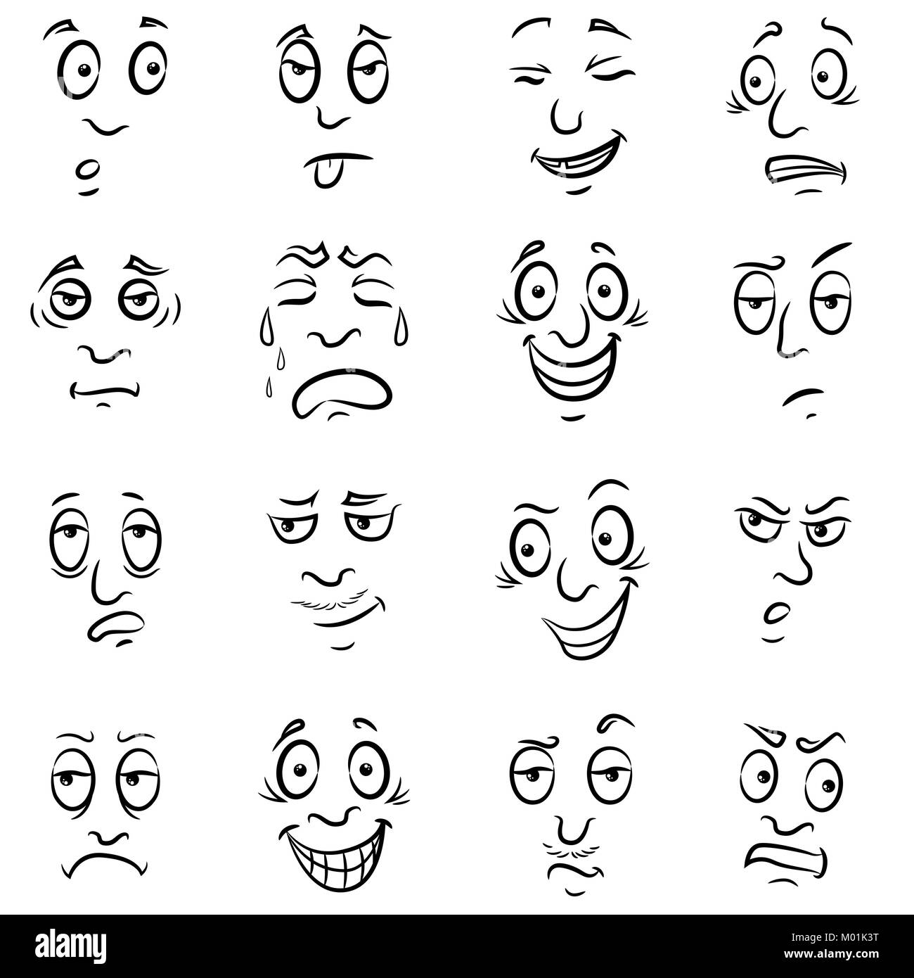 Conjunto de 16 divertidos trucos masculinos, bosquejando cartoon contornos vectoriales aislado en el fondo blanco. Ilustración del Vector