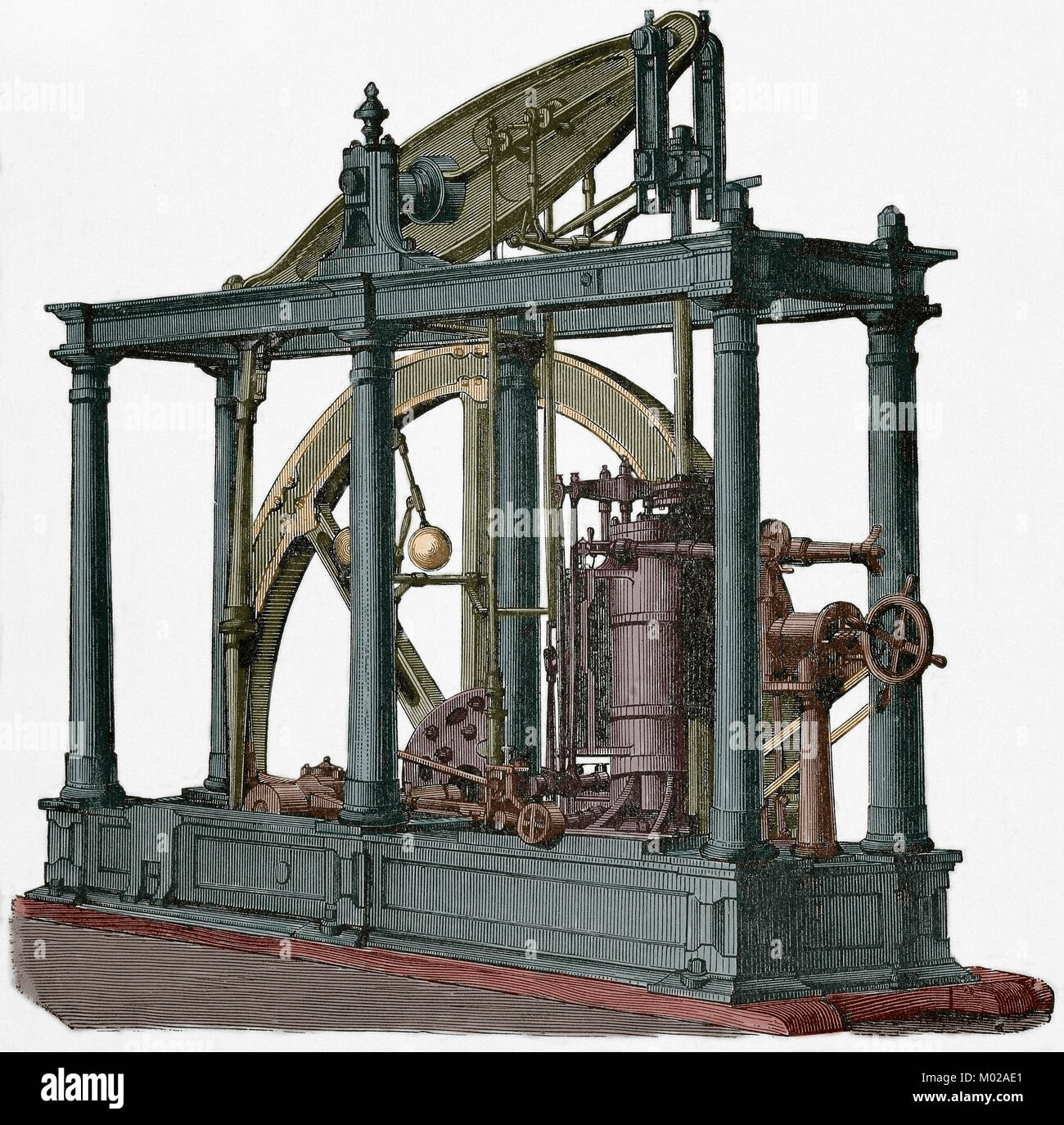 El motor de vapor de Watt James Watt (1736-1819). Grabado del siglo XIX. Coloreada. Foto de stock