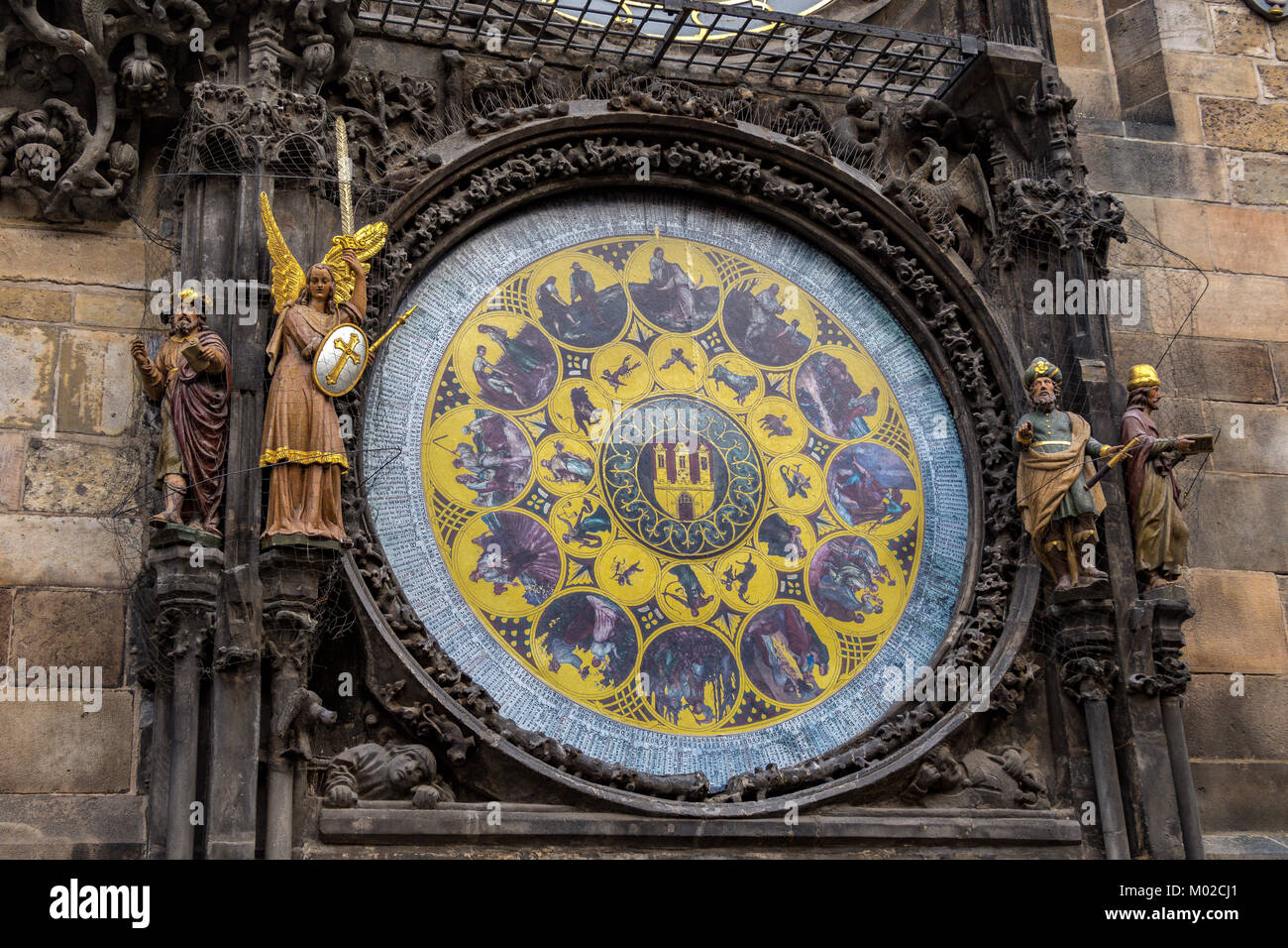 Cerca de la placa de la calandria de Praga con el Reloj Astronómico de Praga reloj figuras animadas Foto de stock