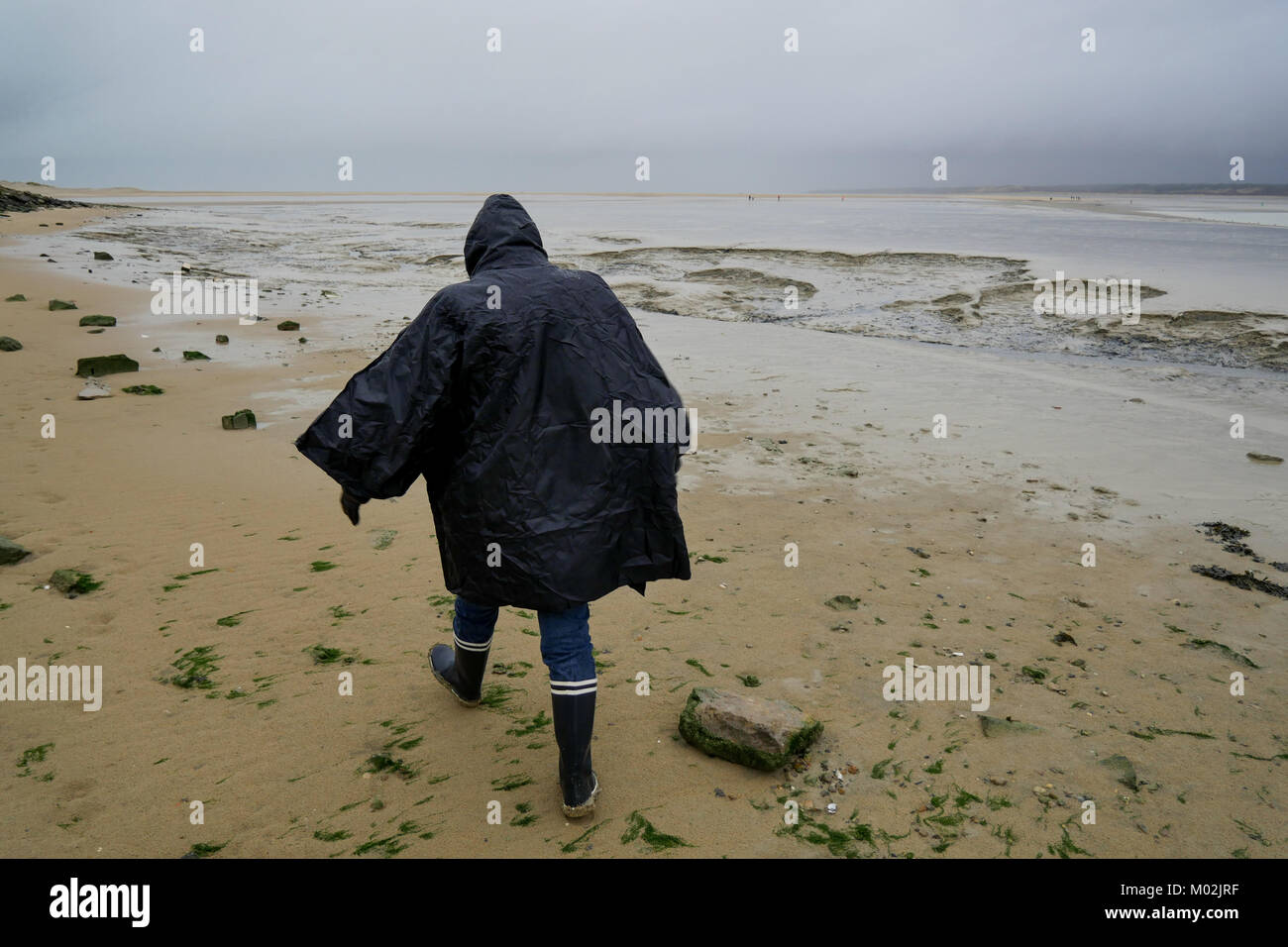 Un excursionista camina sobre la playa de arena a lo largo de la bahía de Somme, en marea baja, Le Hourdel, bahía de Somme, Normandía, Francia Foto de stock