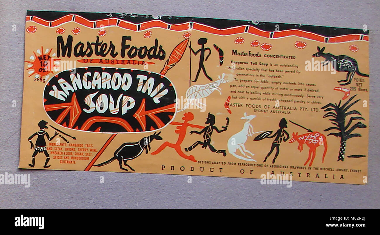 Alimentos exóticos inusuales - Master Foods (Masterfoods) 1969 - Etiqueta de  una lata de sopa de cola de canguro - producto australiano con  ilustraciones tradicionales de la etiqueta que incluyen aborígenes,  boomerangs