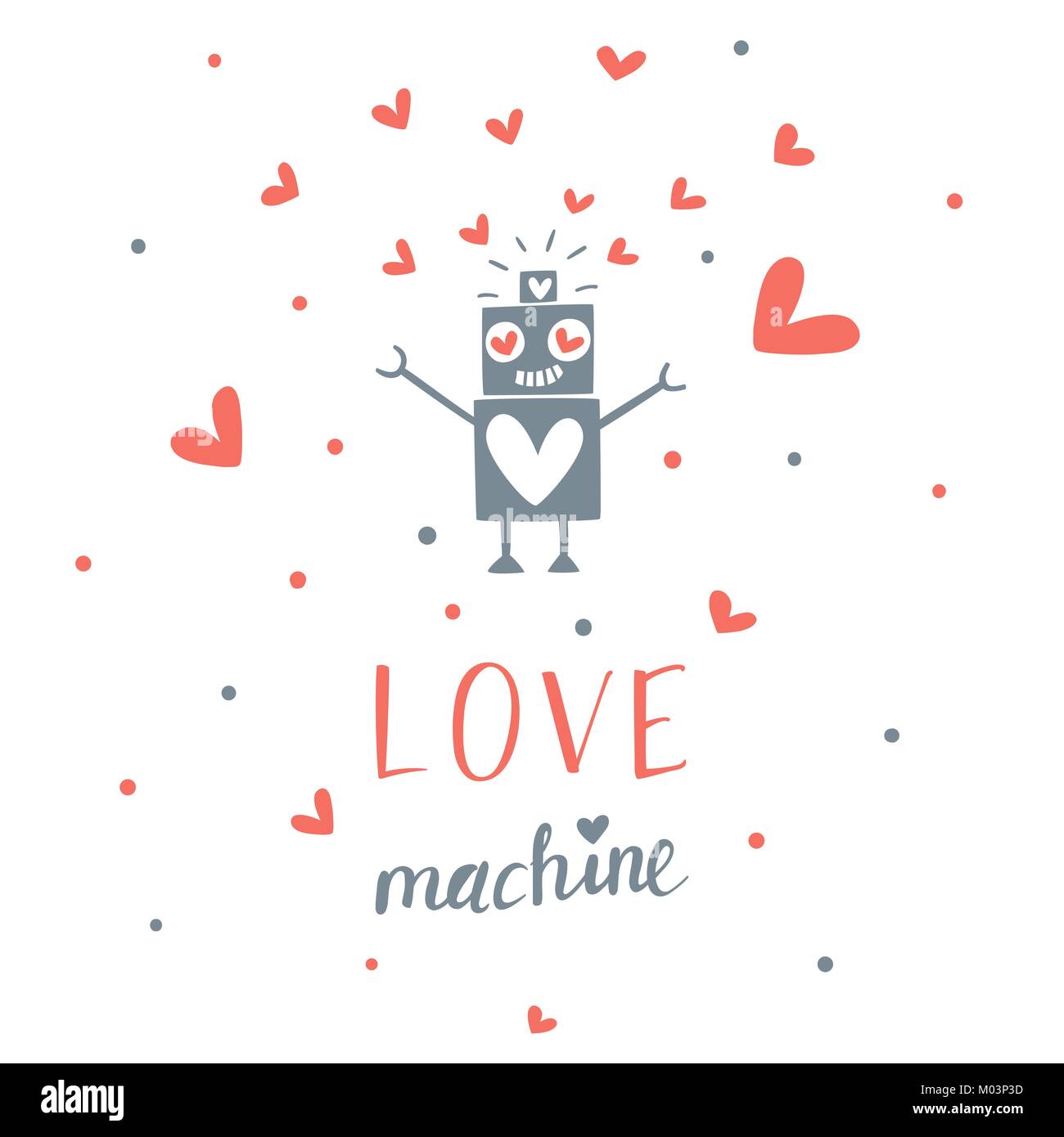 Tarjeta de felicitación el día de San Valentín con el robot y cartas escritas a mano Ilustración del Vector