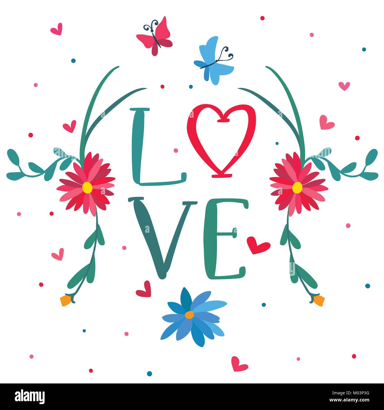 Tarjeta de felicitación el día de San Valentín con corazones, flores, mariposas y cartas escritas a mano Ilustración del Vector