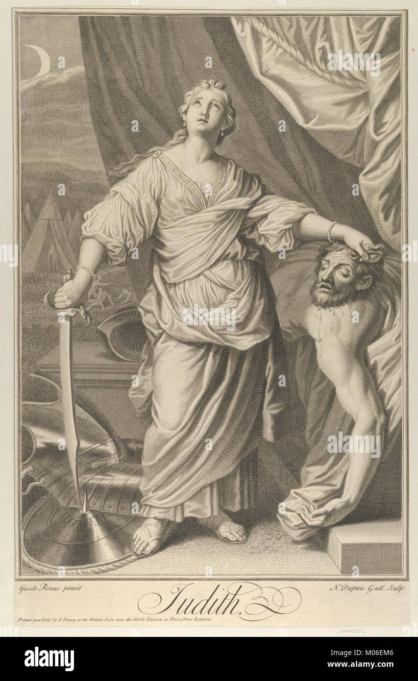 Judith de pie y mirando hacia arriba, sujetando la cabeza de Holofernes en  su mano izquierda y una espada en su derecho, carpas en el fondo, después  de Reni se reunió DP841318