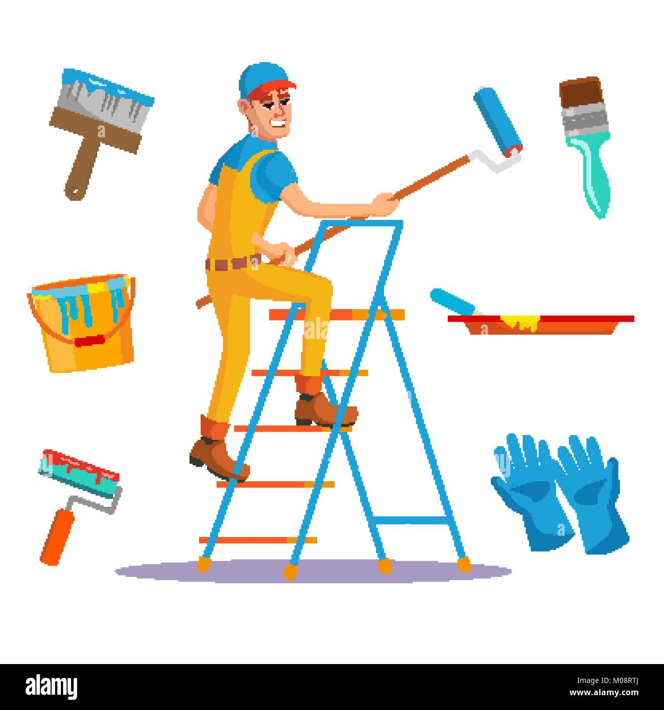 Pintor Profesional Vector Pintura Pincel Rodillo Artesano De La