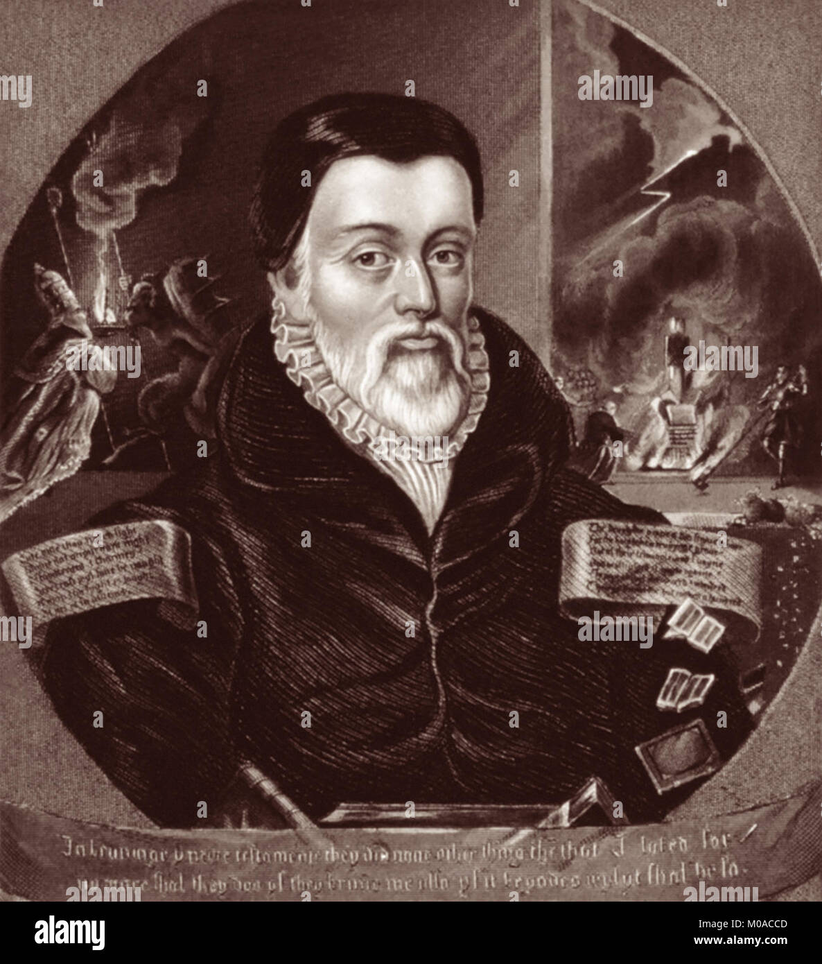 William Tyndale (1494 - 1536) fue un erudito inglés y destacada figura de la Reforma Protestante que, desafiando a la Iglesia Católica y el gobierno inglés, tradujo la Biblia al inglés, para lo cual fue estrangulado y quemado en la hoguera en 1536. Foto de stock