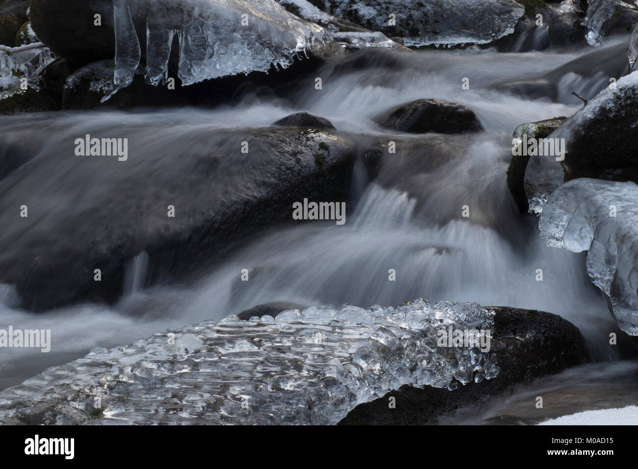 Día de invierno frío. Cascada con flujo de agua borrosa, piedras en un arroyo o un arroyo. Foto de stock