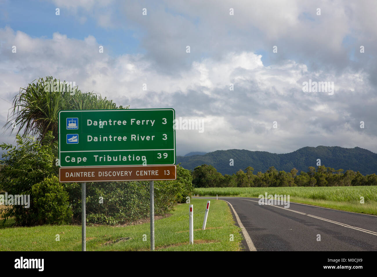 Road Highway en Far North Queensland con señales de carretera a la selva tropical de Daintree y a Cape Tribulation,Australia Foto de stock