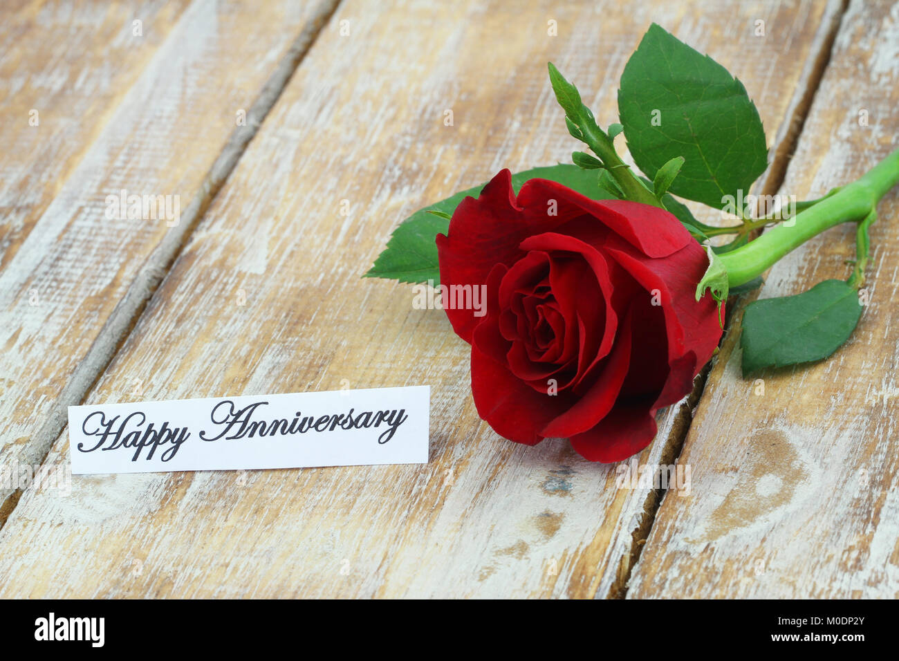 Feliz Aniversario de tarjeta con una rosa roja en la superficie de madera rústica Foto de stock