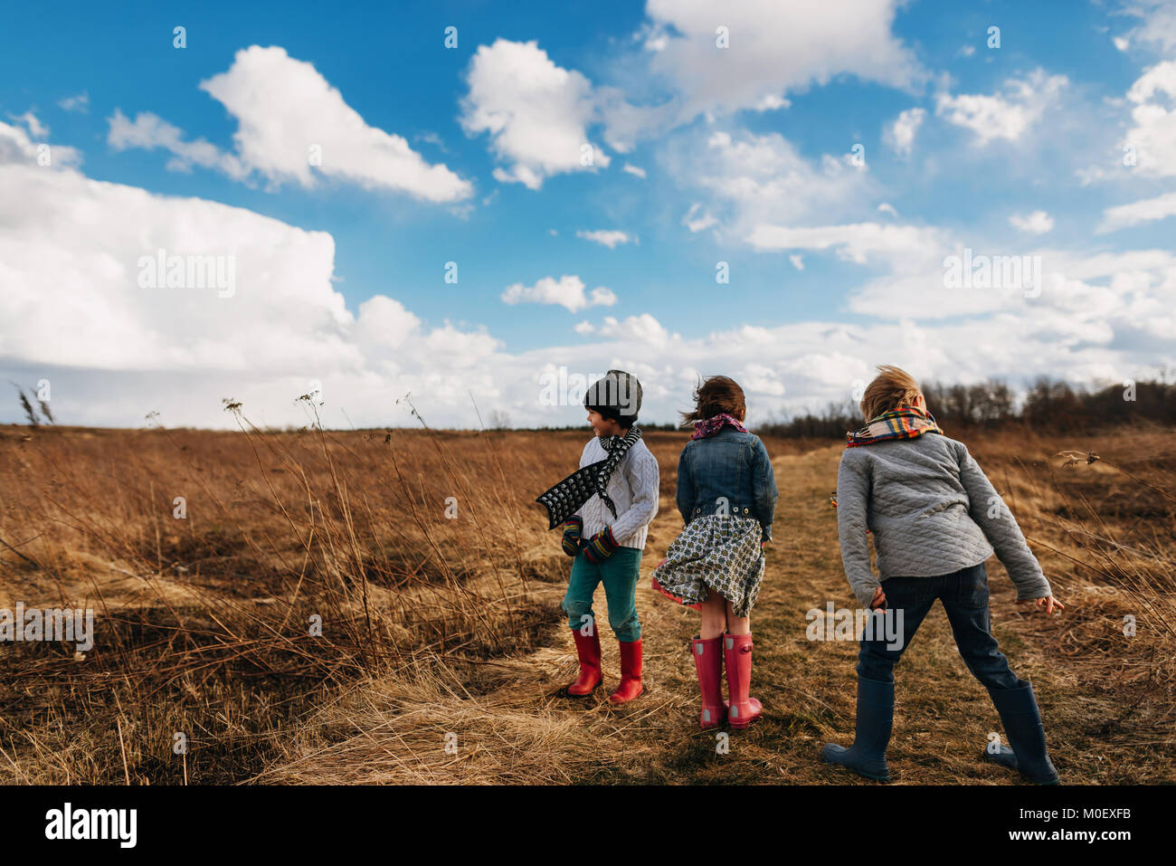 Tres niños de pie en un paisaje rural en un día ventoso Foto de stock