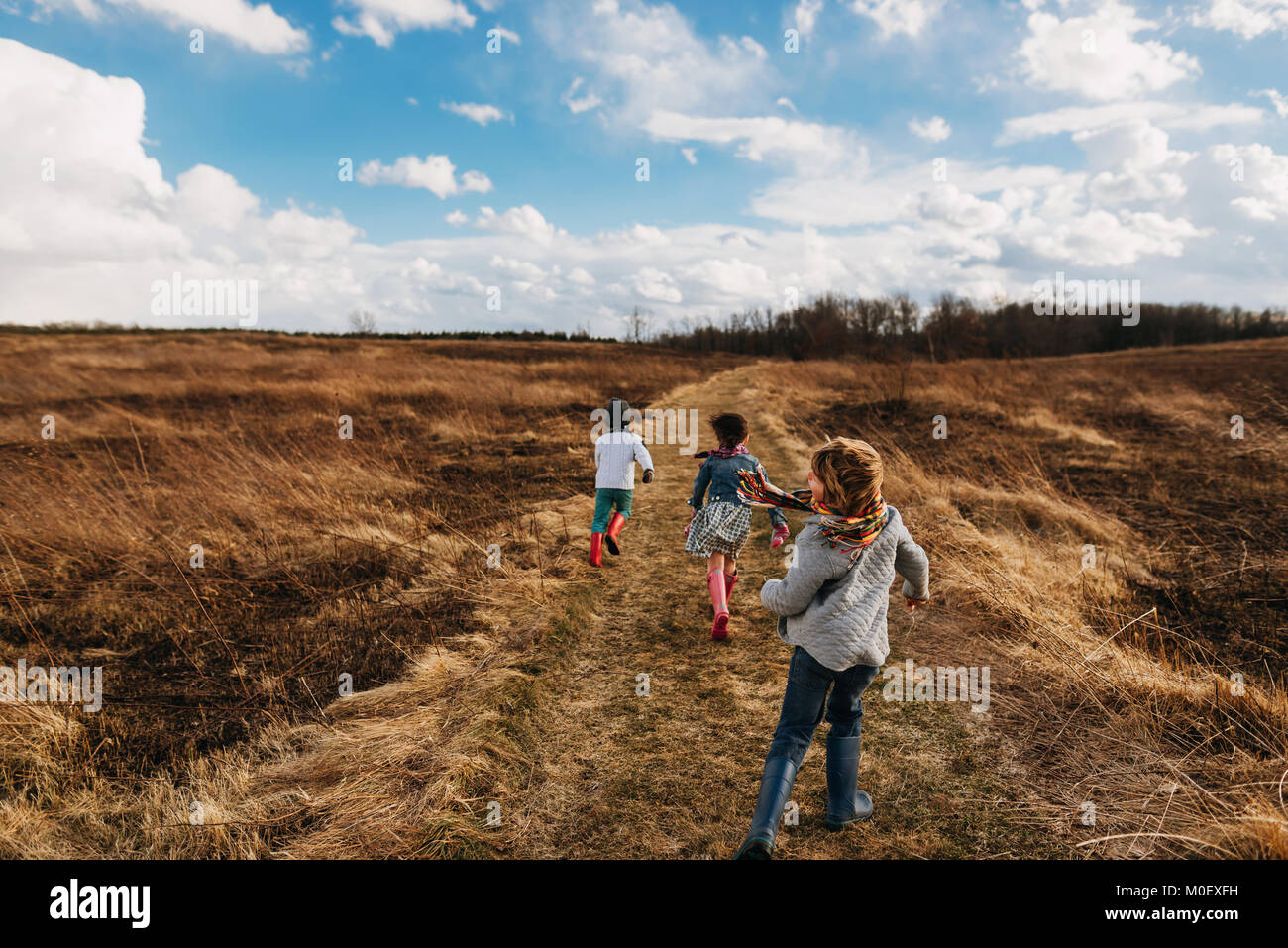 Tres niños corriendo a lo largo de un sendero en un paisaje rural Foto de stock