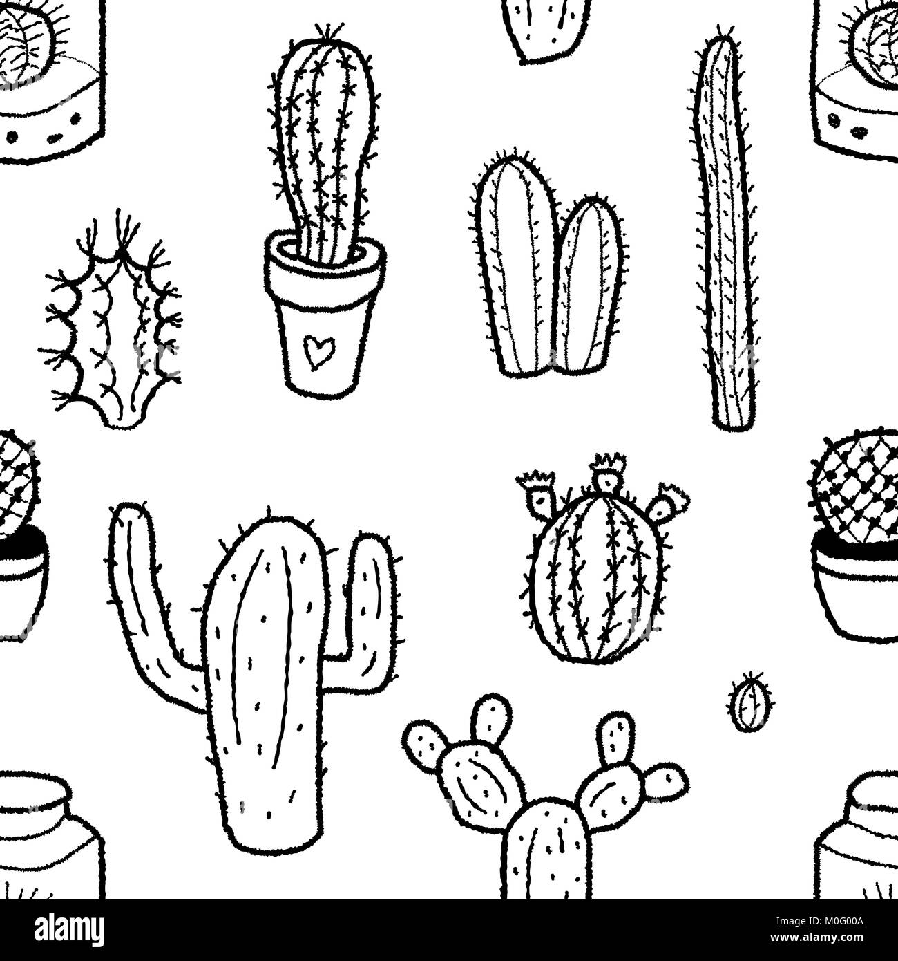 Cactus maceta perfecta - patrón doodle textura ilustración vectorial. Ilustración del Vector
