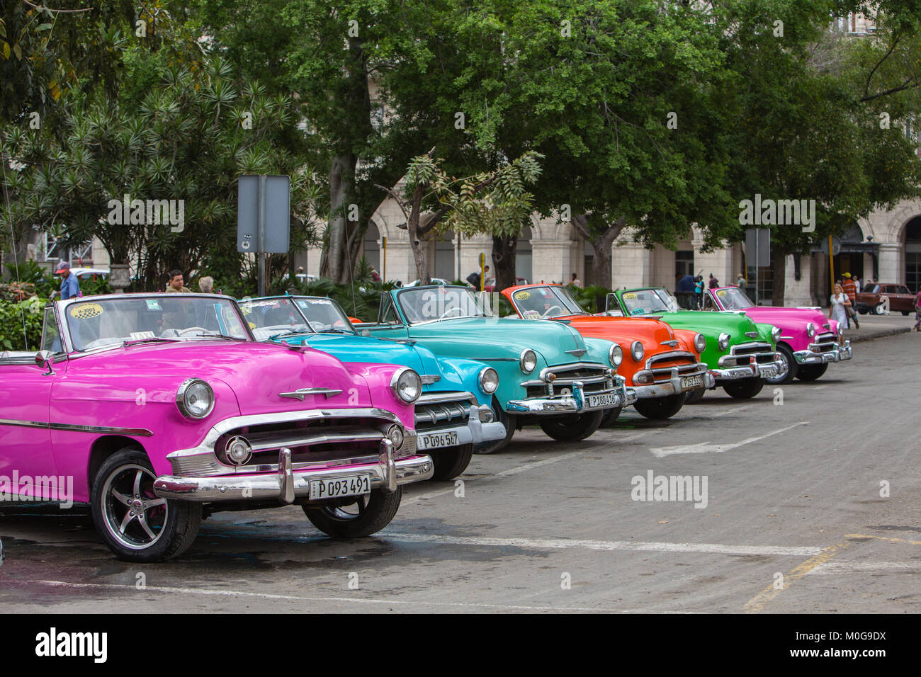Coches clásicos americanos en el Edificio del Capitolio Nacional, La Habana, Cuba Foto de stock