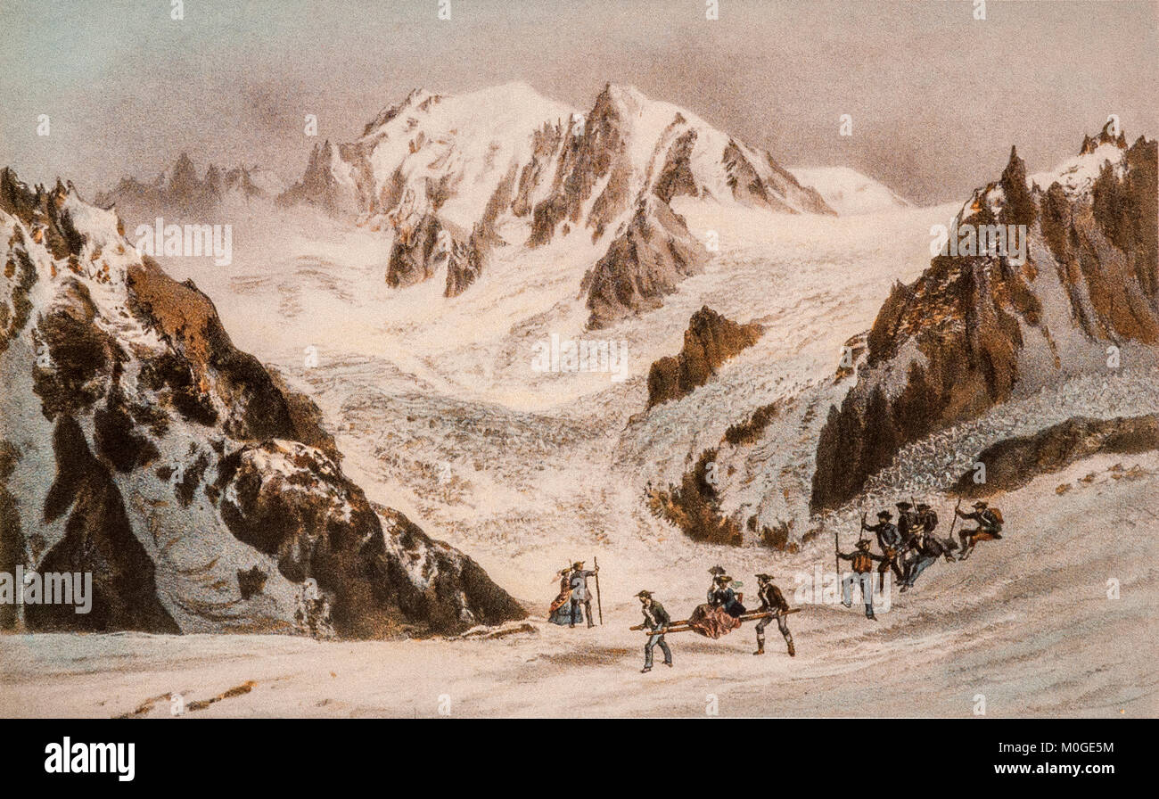 Mont Blanc - 'Chamouny' a partir de una litografía a principios del siglo XIX por Laurent Deroy Foto de stock