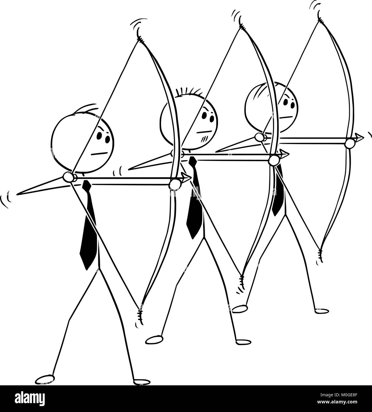 Cartoon conceptual de tres empresarios en tiro con arco plantean Ilustración del Vector