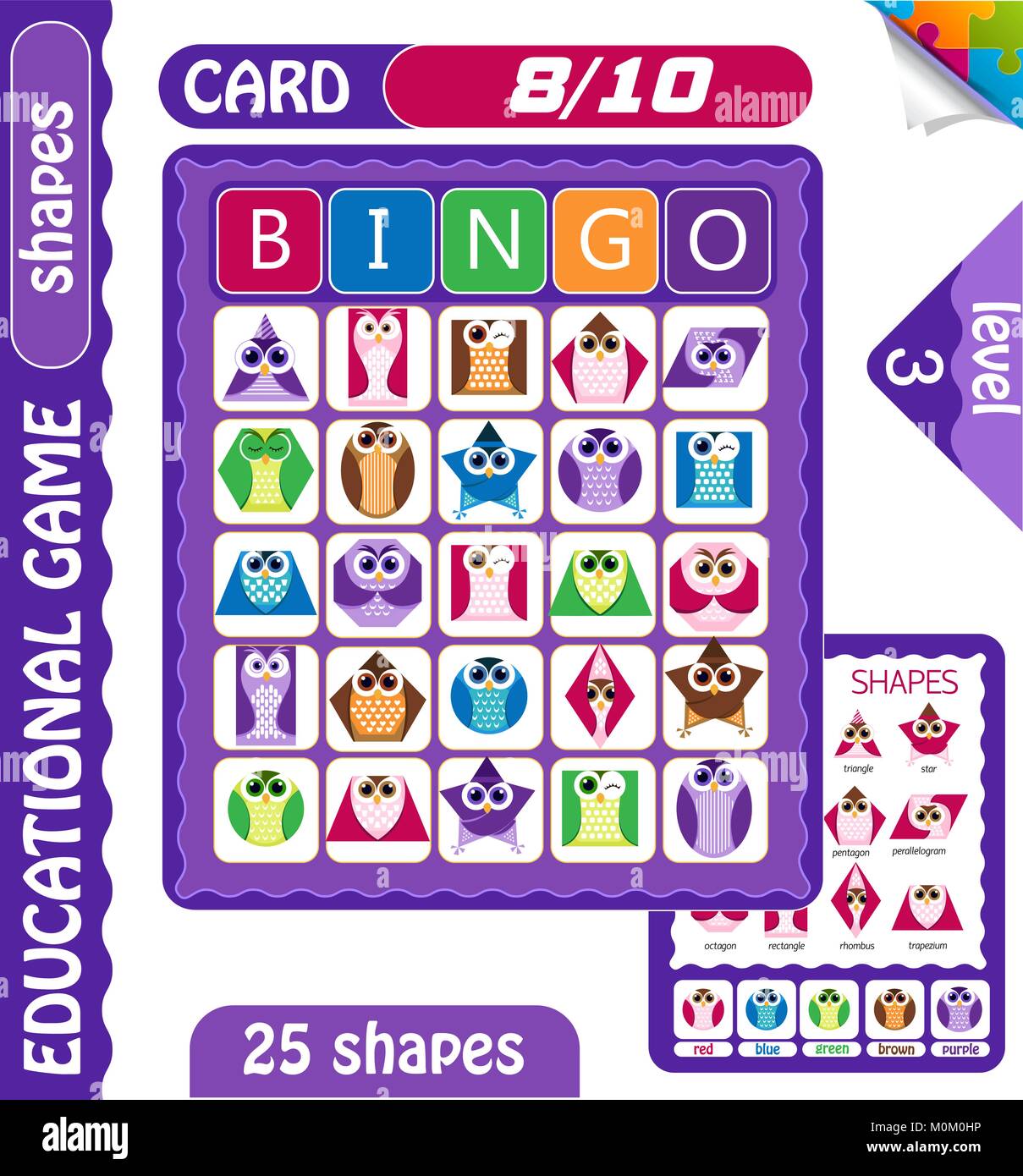 Juego de bingo educativos preescolares para niños con formas en forma de  búhos. Cartones de bingo. Ilustración vectorial de dibujos animados Imagen  Vector de stock - Alamy
