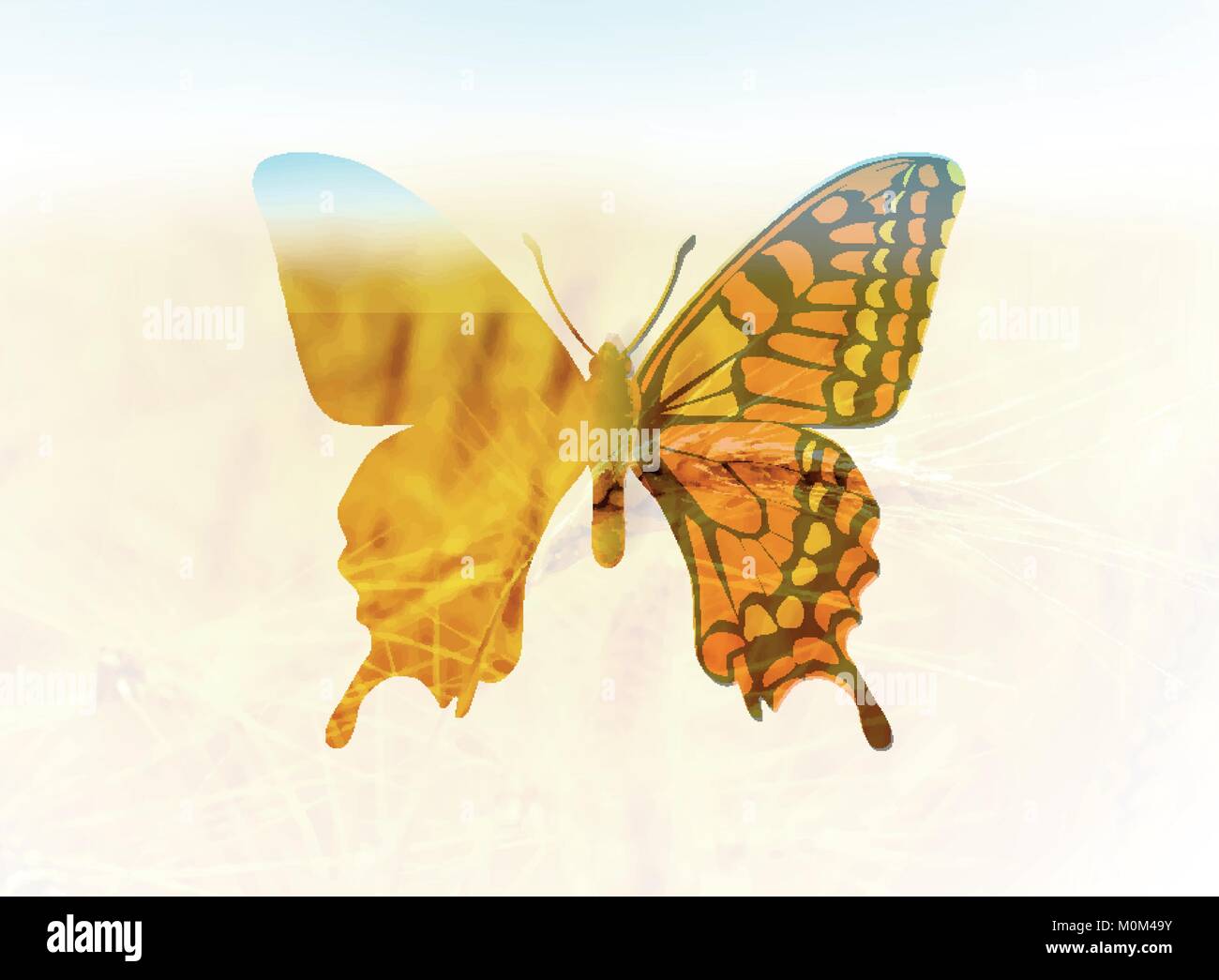 Ilustración vectorial de una mariposa en el estilo de la doble exposición. Saludos a primavera o verano Ilustración del Vector