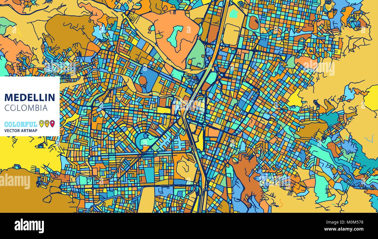 Medellin Colombia Coloridos Artmap Vector Amarillo Blue Orange