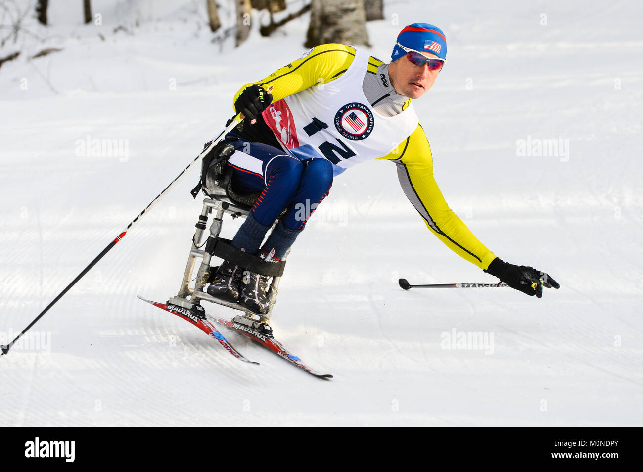 Esquí de fondo paralímpicos racer en 2016 EE.UU., carreras de esquí deportes paralímpicos sentarse al aire libre, centro Craftsbury Craftsbury, VT, ESTADOS UNIDOS. Foto de stock