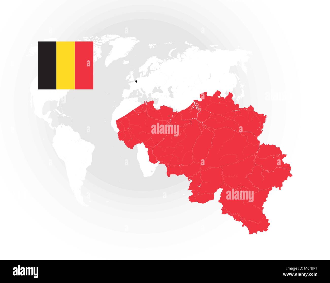 Mapa de Bélgica con ríos y lagos, la bandera nacional de Bélgica y el mapa del mundo como fondo. Por favor mire mis otras imágenes de la serie cartográfica - th Ilustración del Vector
