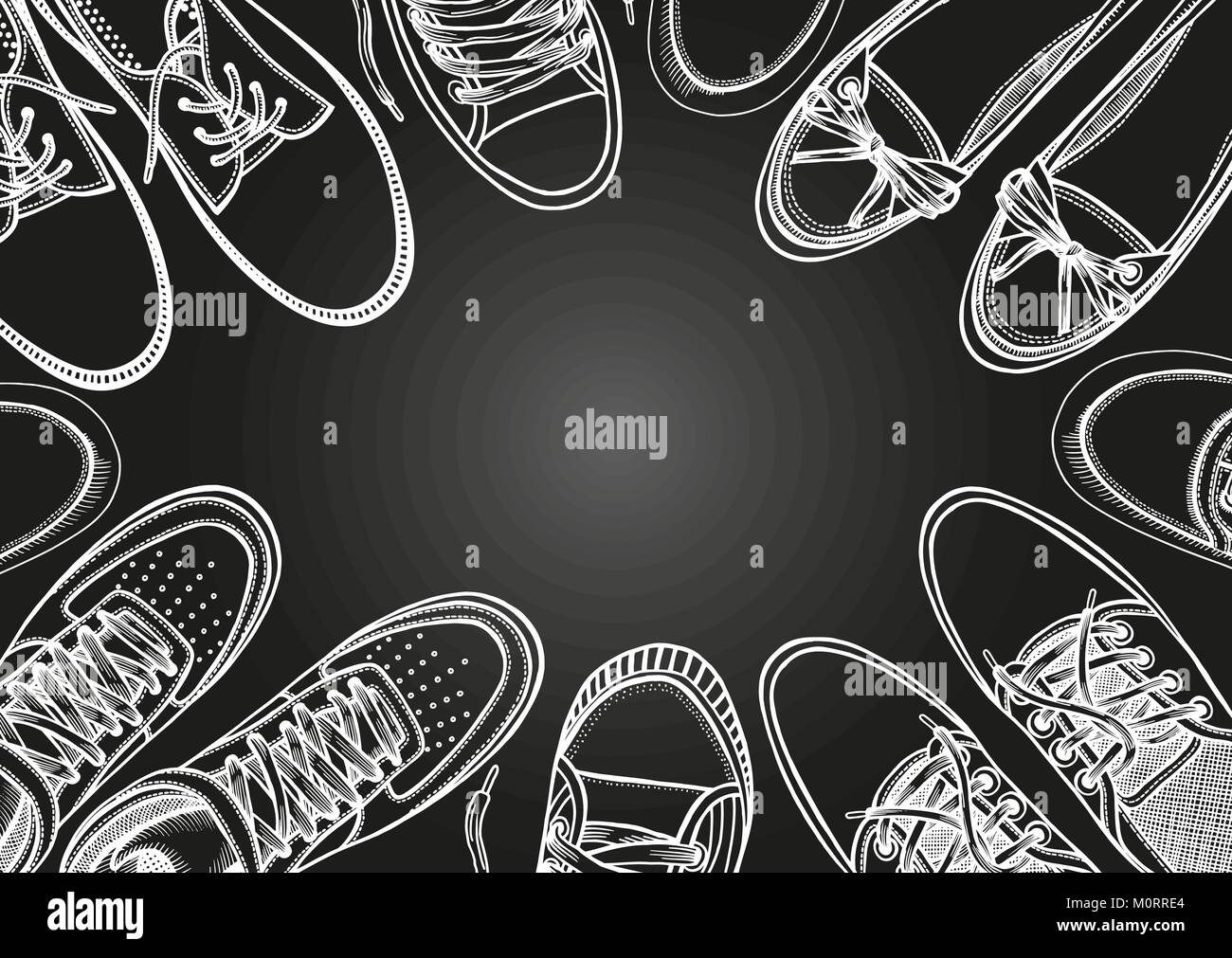 Fondo de muchas zapatillas deportivas alineadas en un círculo con espacio  para texto, ilustración vectorial dibujado a mano sobre un fondo blanco, en  un estilo de dibujo Imagen Vector de stock -