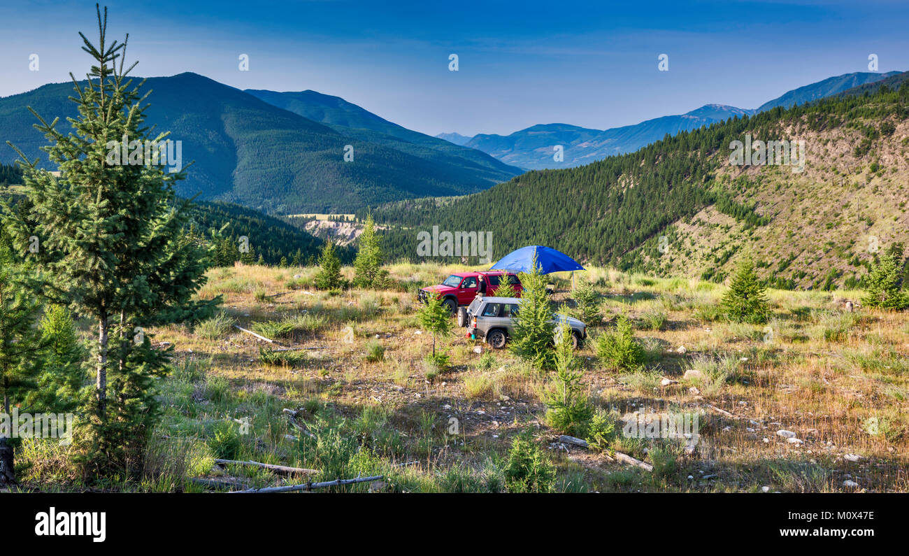 Camping a Brewer Creek Forest Service Road, Purcell Mountains, cerca de Invermere, British Columbia, Canadá Foto de stock