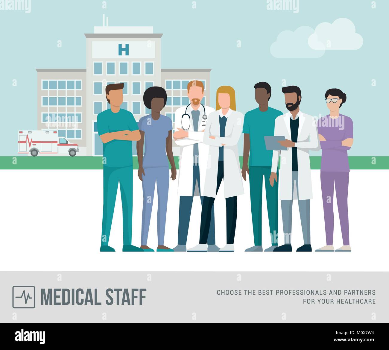 Personal médico juntos: médicos, enfermeras y cirujanos, edificio del hospital y ambulancia en el fondo Ilustración del Vector