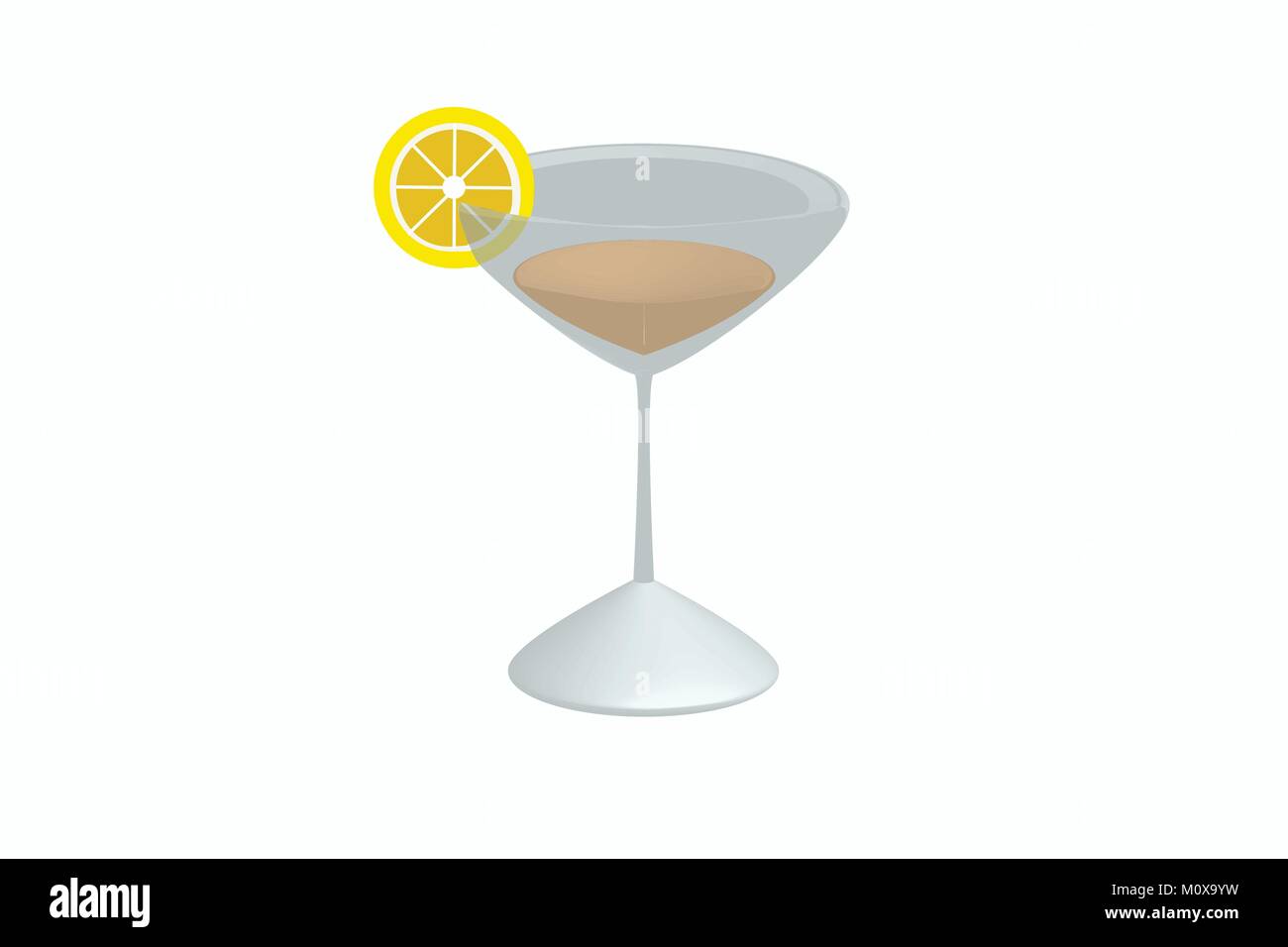 Ilustración de cóctel con la rodaja de limón sobre el vidrio en 3D, vector de la bebida alcohólica en una copa de martini y una rodaja de limón sobre/ bebida Ilustración del Vector