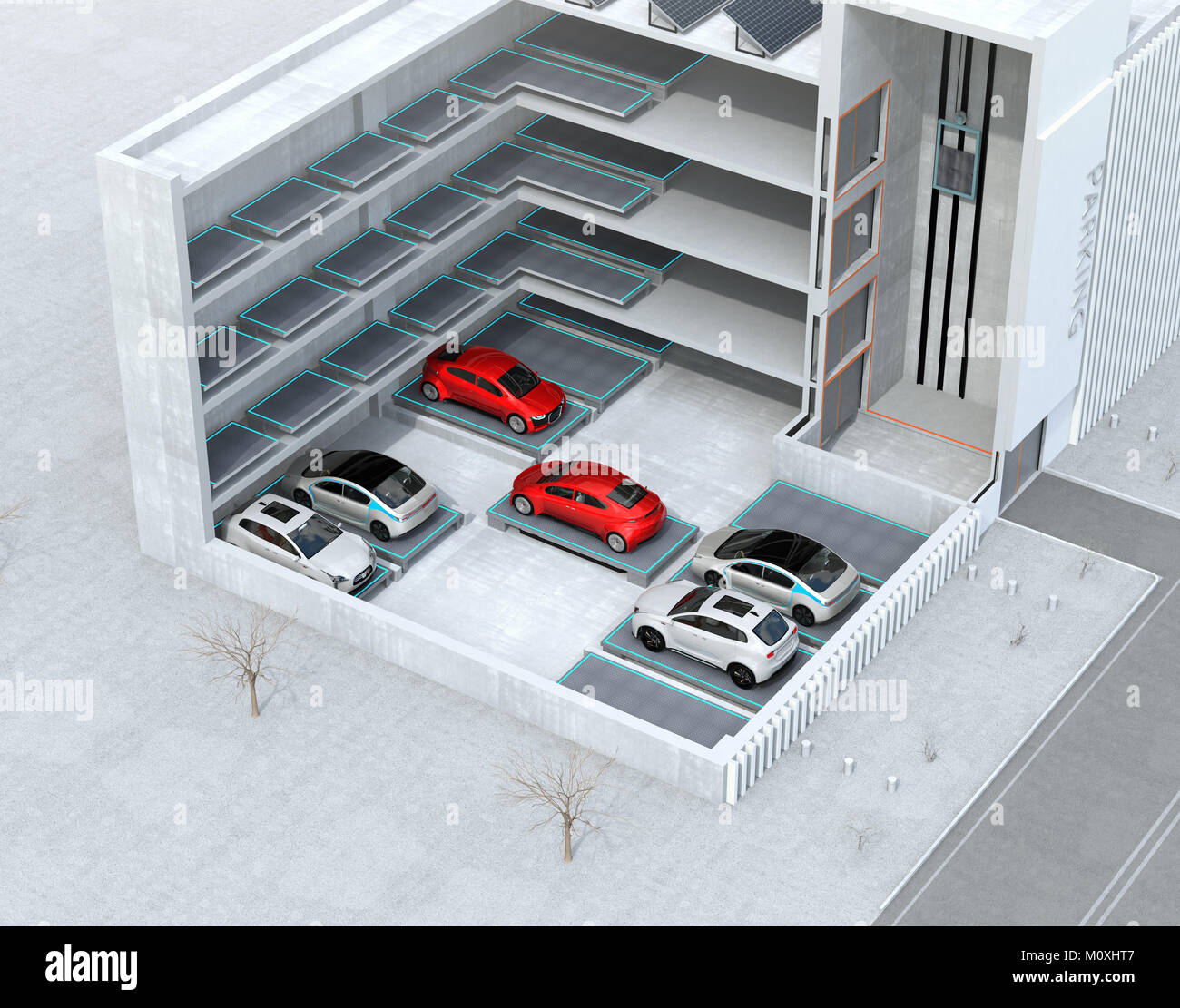 Concepto de imagen seccionada para sistema de aparcamiento automático AGV (vehículo guiado automatizado). Representación 3D imagen. Foto de stock