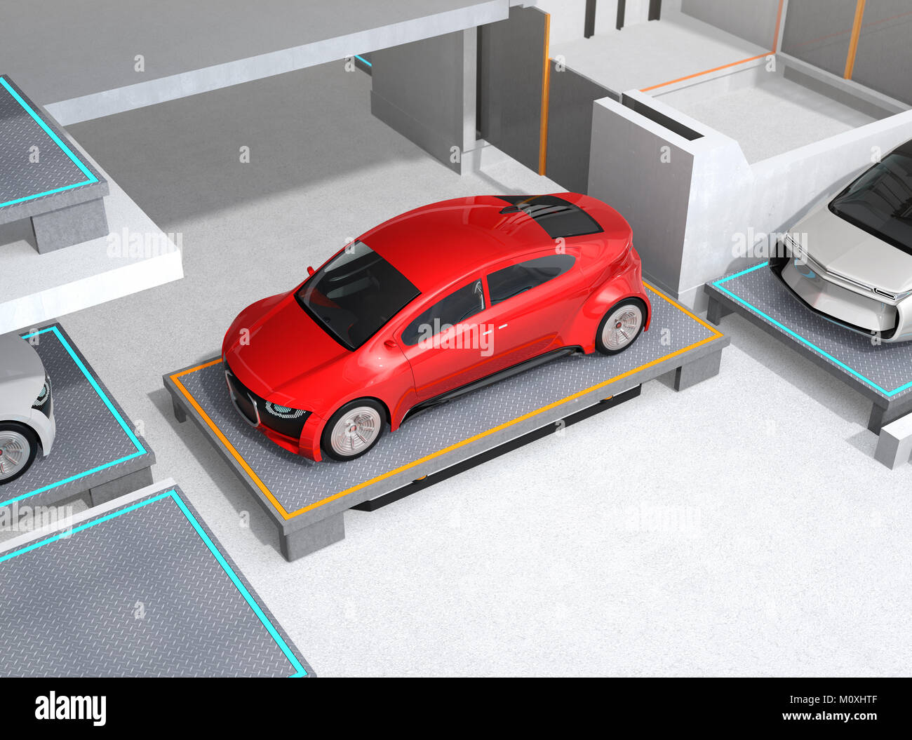 Vehículos de guiado Automatizado (AGV) llevar coche rojo de espacio de estacionamiento. Concepto de sistema de aparcamiento automático. Representación 3D imagen. Foto de stock
