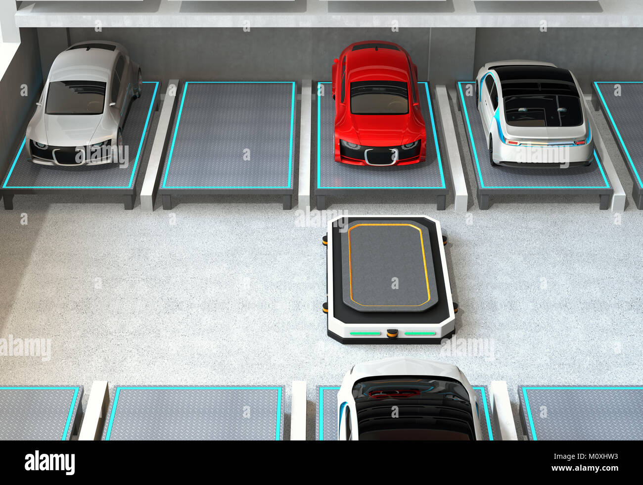Vehículos de guiado Automatizado (AGV) dejando el espacio de estacionamiento para elegir el próximo coche. Concepto de sistema de aparcamiento automático. Foto de stock