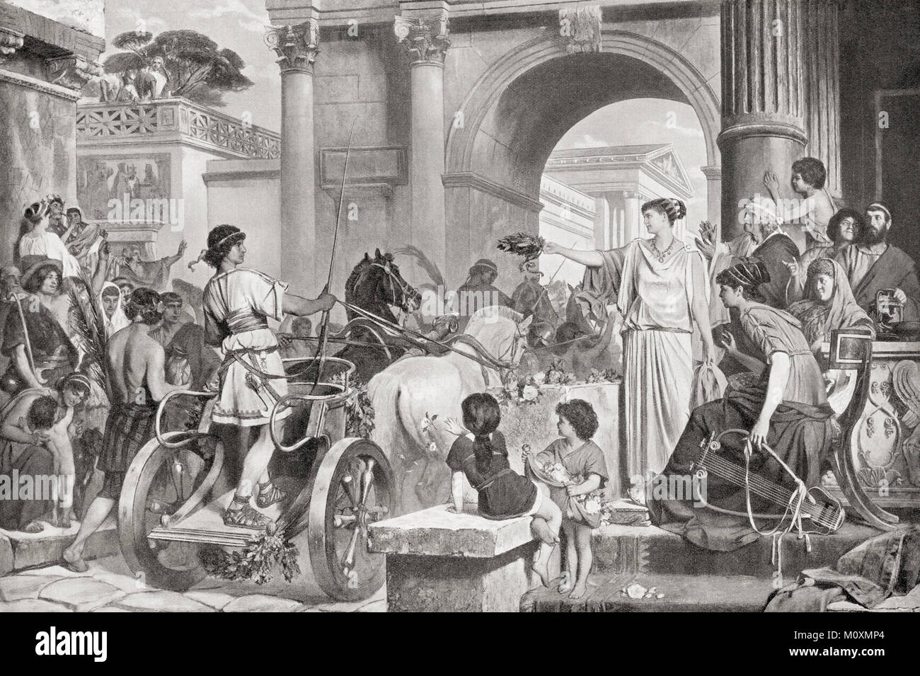 Un auriga victorioso en la Roma antigua, aceptando una corona de laurel de una dama. La historia de Hutchinson de las Naciones, publicado en 1915. Foto de stock