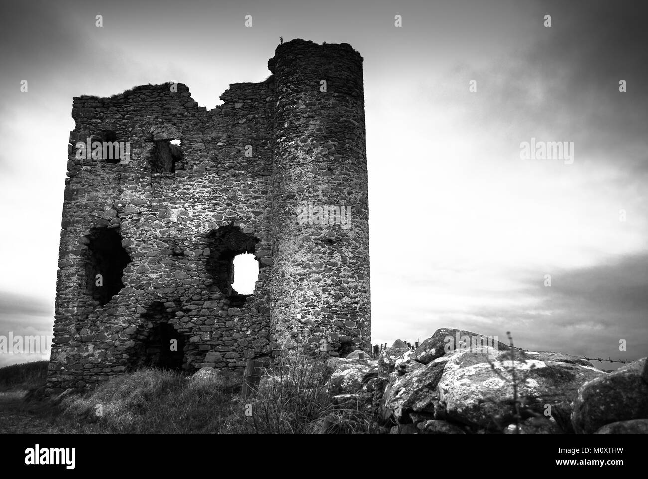 Esta es una imagen en blanco y negro de las ruinas de un castillo sobre una colina en Irlanda Foto de stock