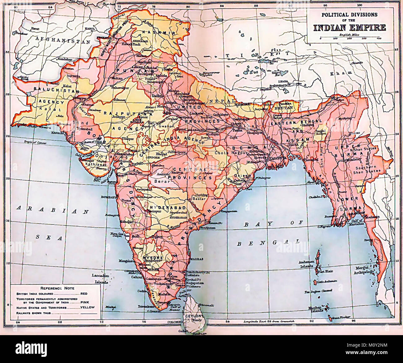 Mapa del imperio de la India británica del nomenclátor Imperial de la India, 1909. Foto de stock