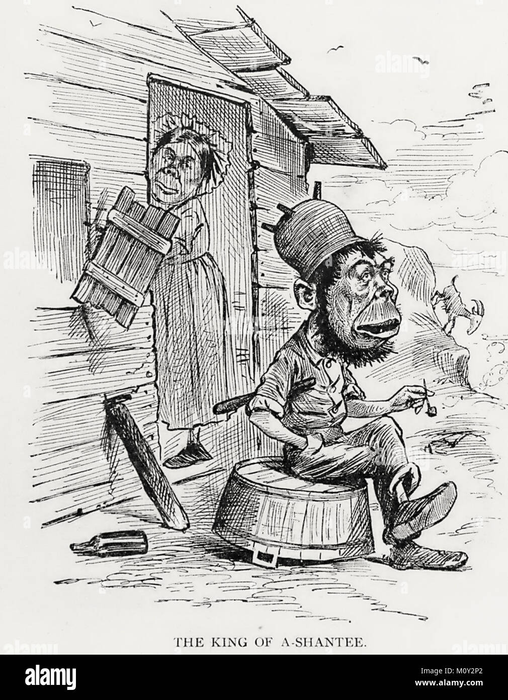 El rey de UN-shantee; Cartoon mostrando Irish hombre sentado en la tina de lavado y mujer irlandesa de pie dentro de Shanty, circa 1882 Foto de stock