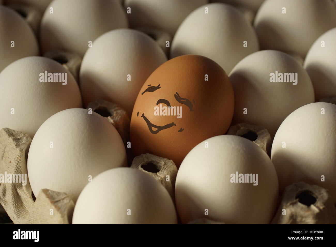 Patrón de repetición. Huevo en una bandeja de huevos. Merry Сoloured huevo en una bandeja de huevos. Foto de stock