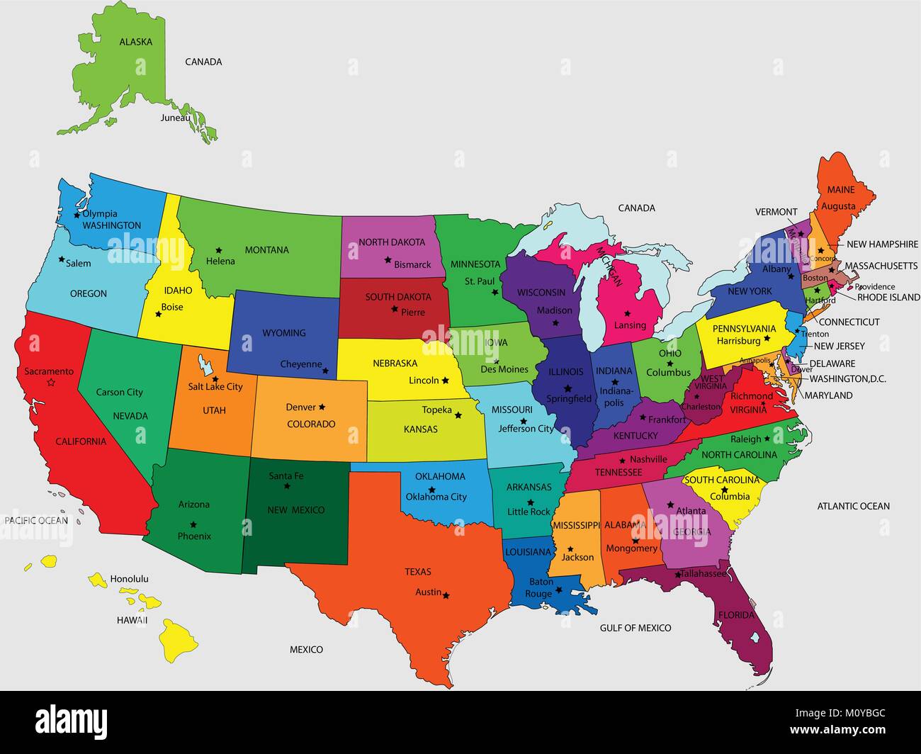 Estados Unidos 50 Mapa de colores y nombres de Estados imagen vectorial  Ilustración Imagen Vector de stock - Alamy
