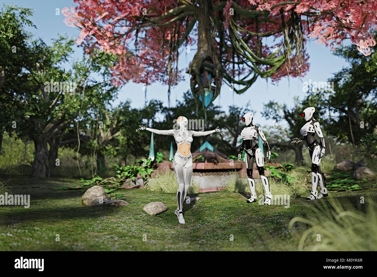Robots viendo android mujer disfrutando de jardín Foto de stock
