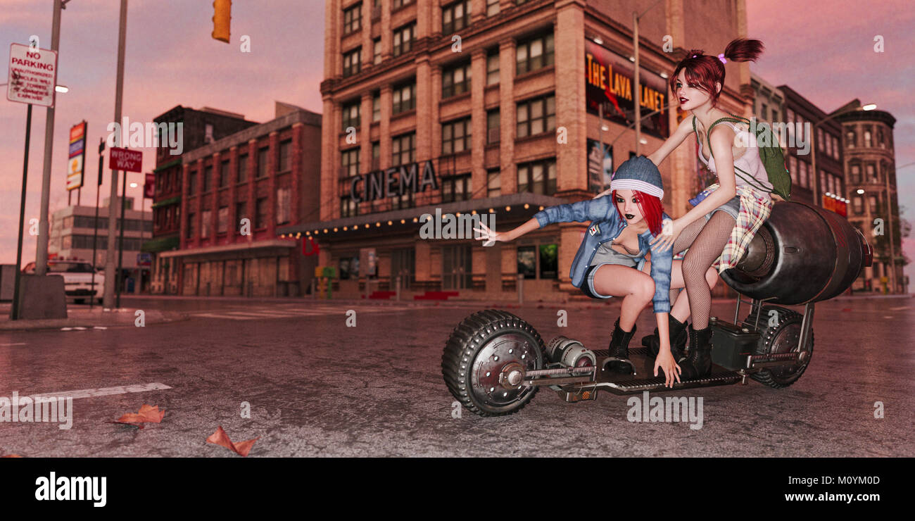 Las niñas montando en monopatín futurista ciudad Foto de stock