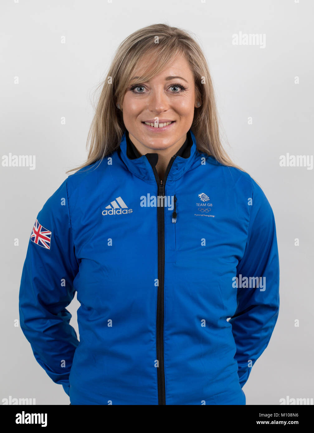 Adidas, Stockport, Reino Unido. 23 ene, 2018. PyeongChang 2018 Team GB  Ensamblar Reunión; retrato de Emily Sarsfield Team GB esquiadores freestyle  PyeongChang tomar parte en los Juegos Olímpicos de Invierno de 2018