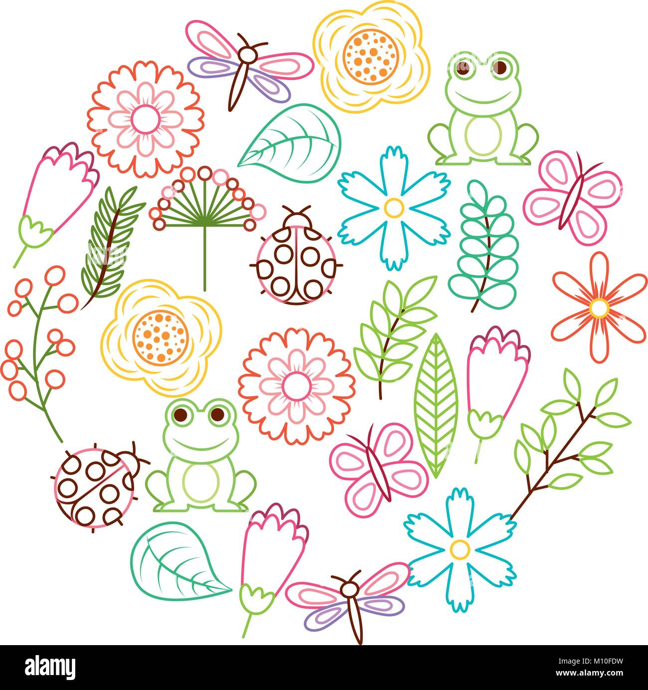 Conjunto de tema Primavera naturaleza flores amor aves mariposas mariquitas rana libélula Ilustración del Vector
