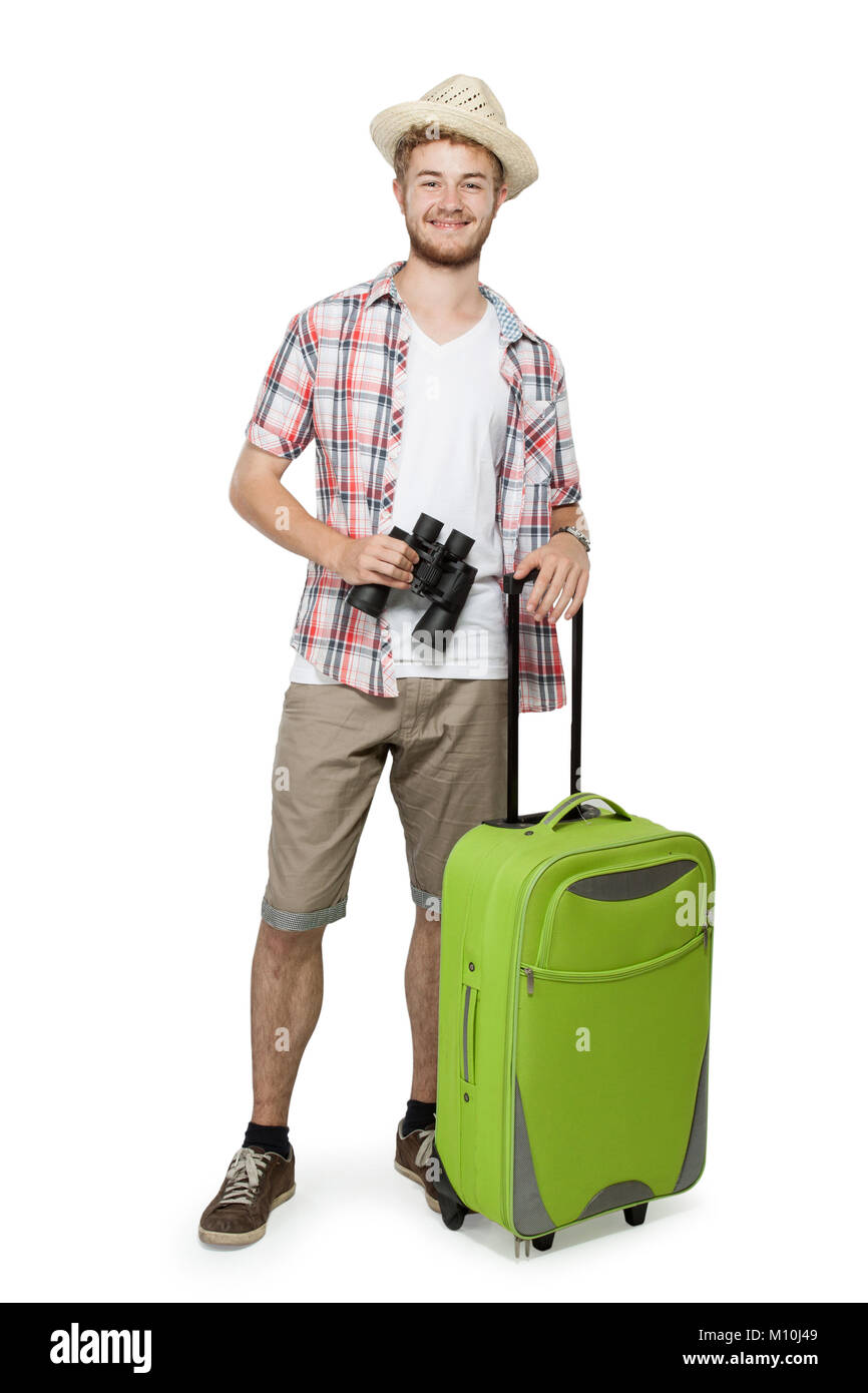 Longitud total retrato de un turista hombre con maleta y binoculares  aislado sobre fondo blanco Fotografía de stock - Alamy