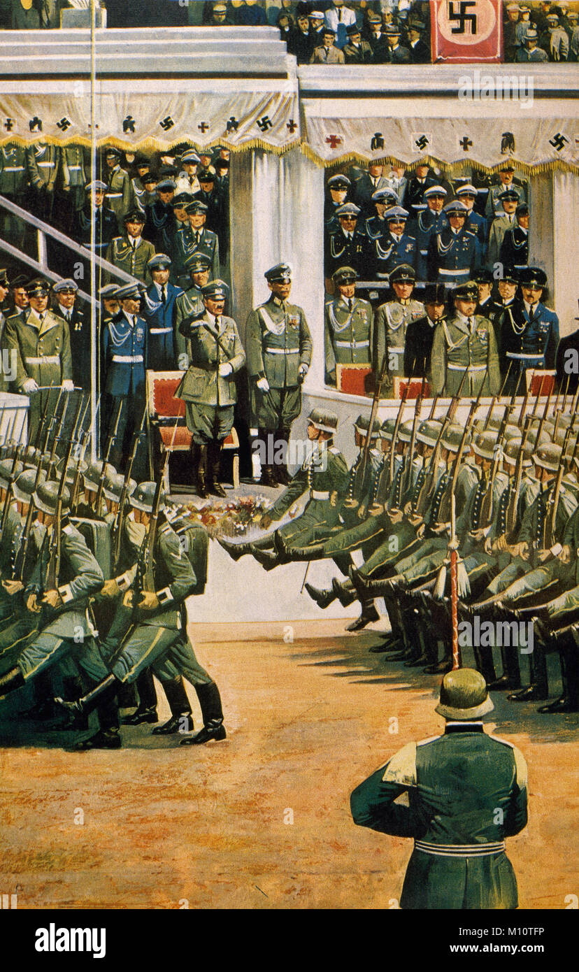La Alemania nazi. Berlín. Los soldados alemanes en el desfile militar por el 50 cumpleaños de Adolf Hitler el 20 de abril de 1939. Ilustración en color. Foto de stock