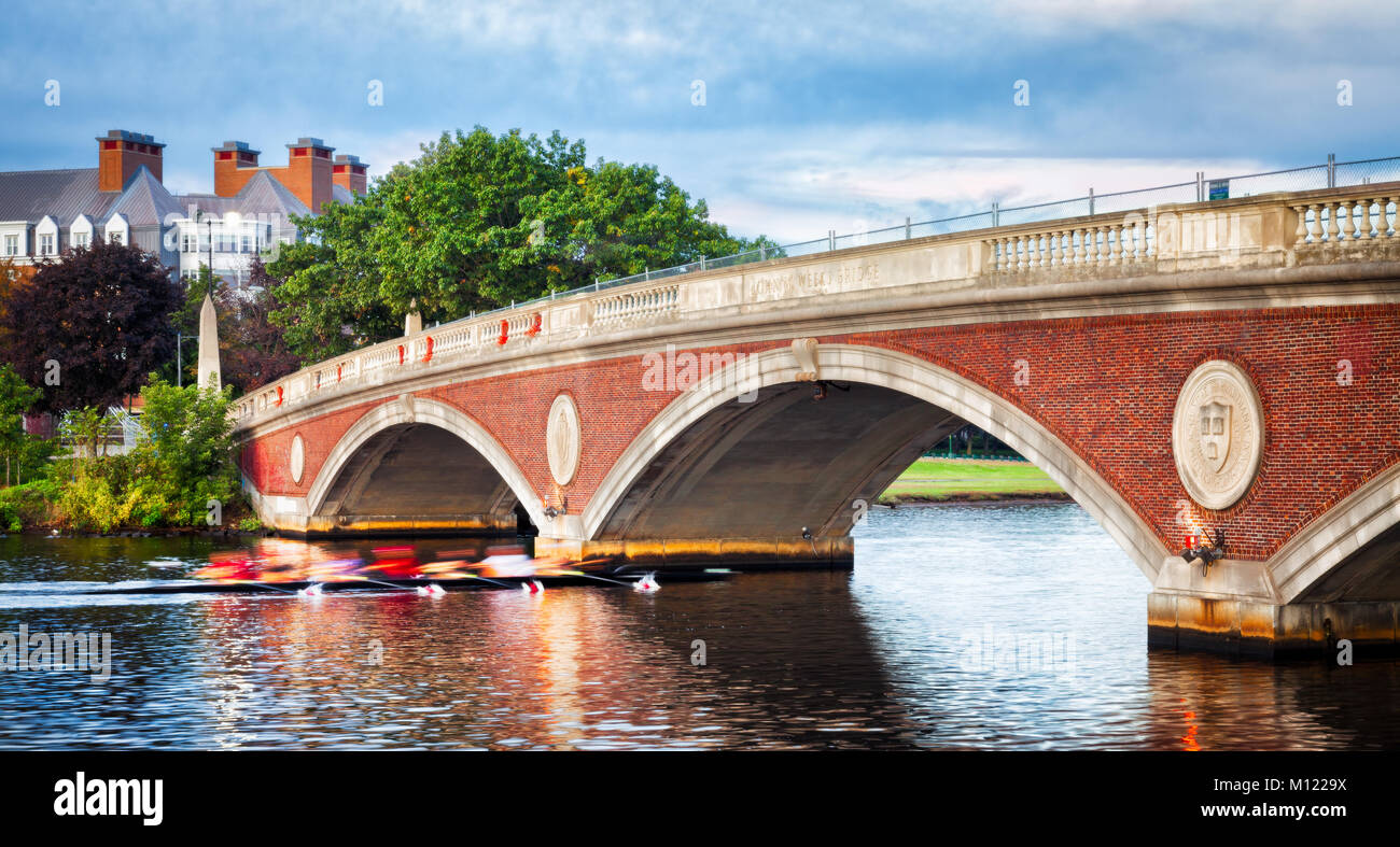 Universidad de Harvard sculling equipo práctica temprano en la mañana. Barco pasa por debajo de un puente sobre el río Charles, en Cambridge, Massachusetts. Desenfoque de movimiento. Foto de stock
