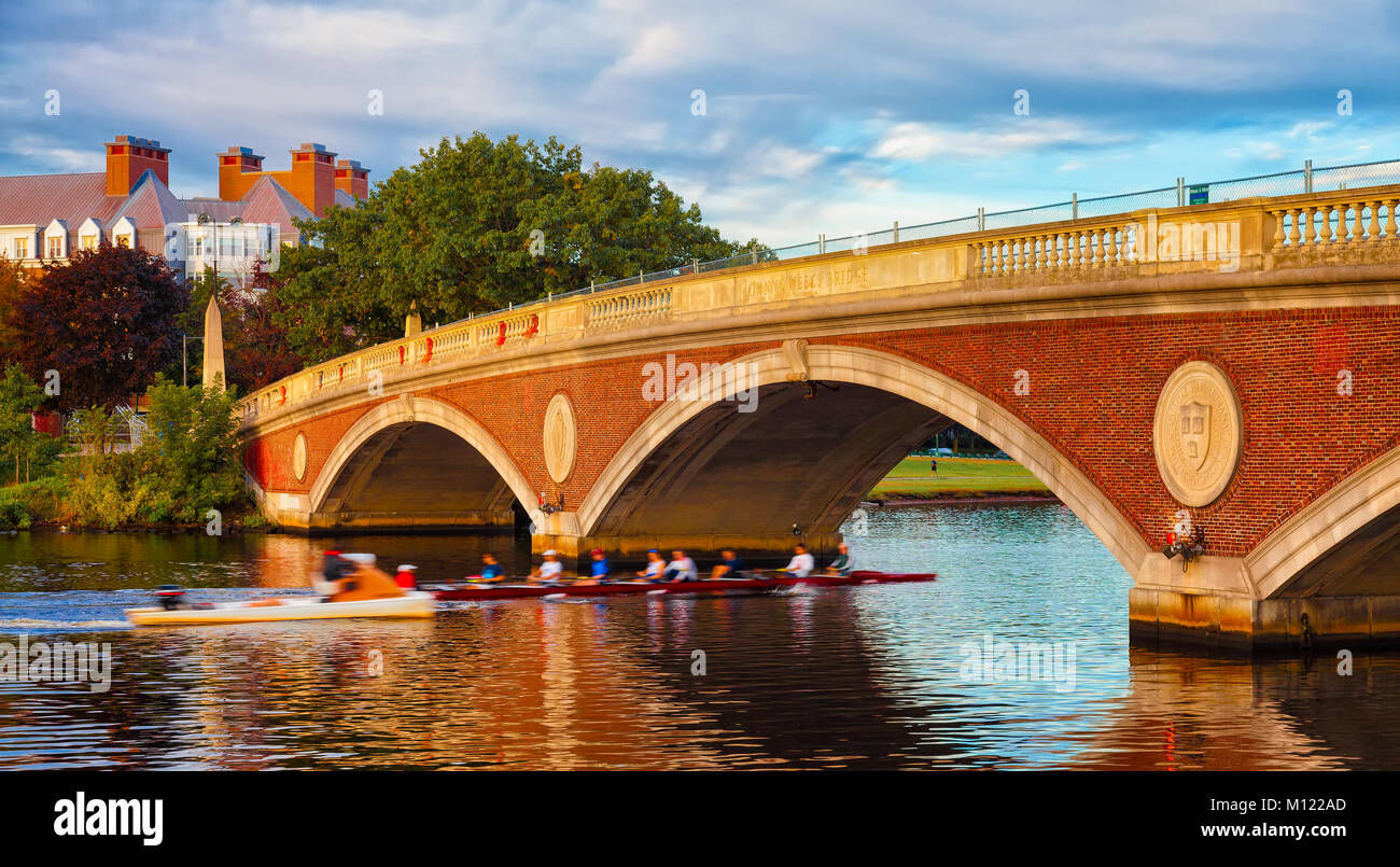 Universidad de Harvard sculling equipo práctica temprano en la mañana. Barco pasa por debajo de un puente sobre el río Charles, en Cambridge, Massachusetts. Desenfoque de movimiento. Foto de stock