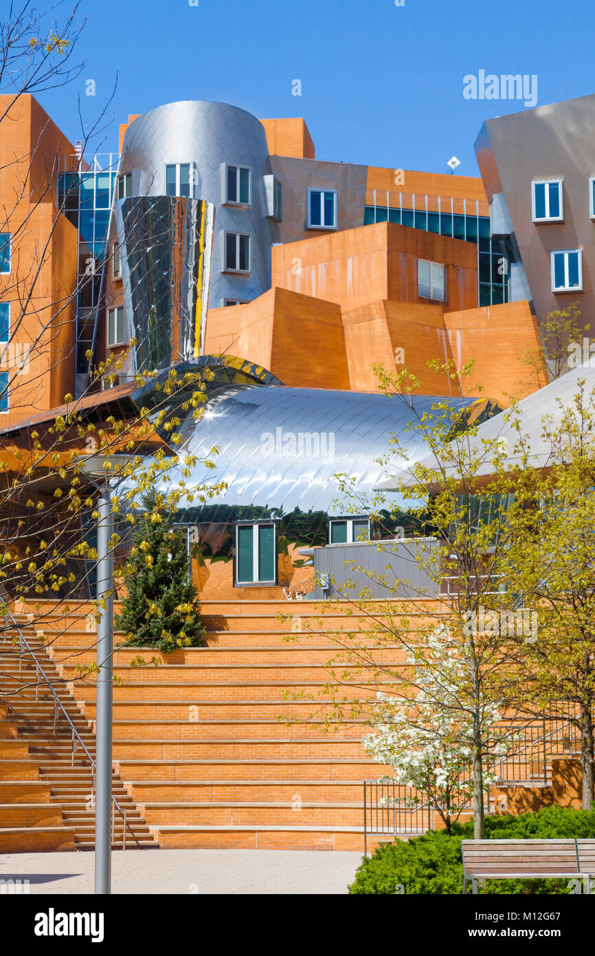 MIT campus icónico Stata Center, diseñado por el arquitecto Frank Gehry. El edificio tiene paredes de color naranja y revestimiento metálico plateado. Escalera en el primer plano. Foto de stock