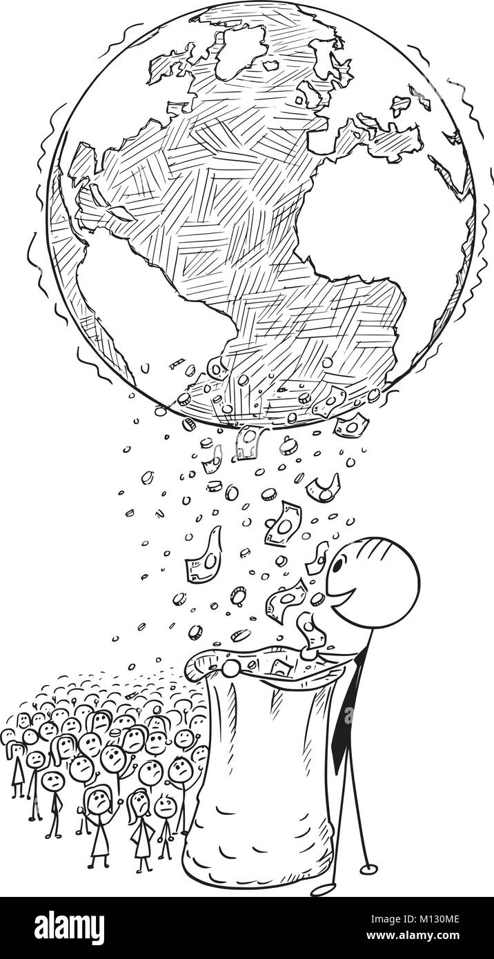Cartoon conceptual de la distribución de la riqueza mundial entre ricos y pobres Ilustración del Vector