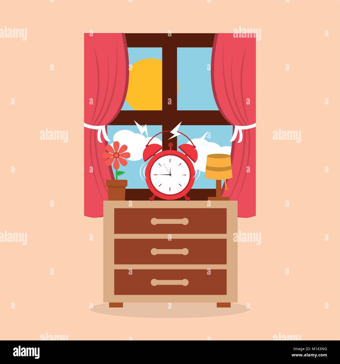 Alarma de reloj redonda en la lámpara de la mesilla de noche y ventana flor mañana Ilustración del Vector