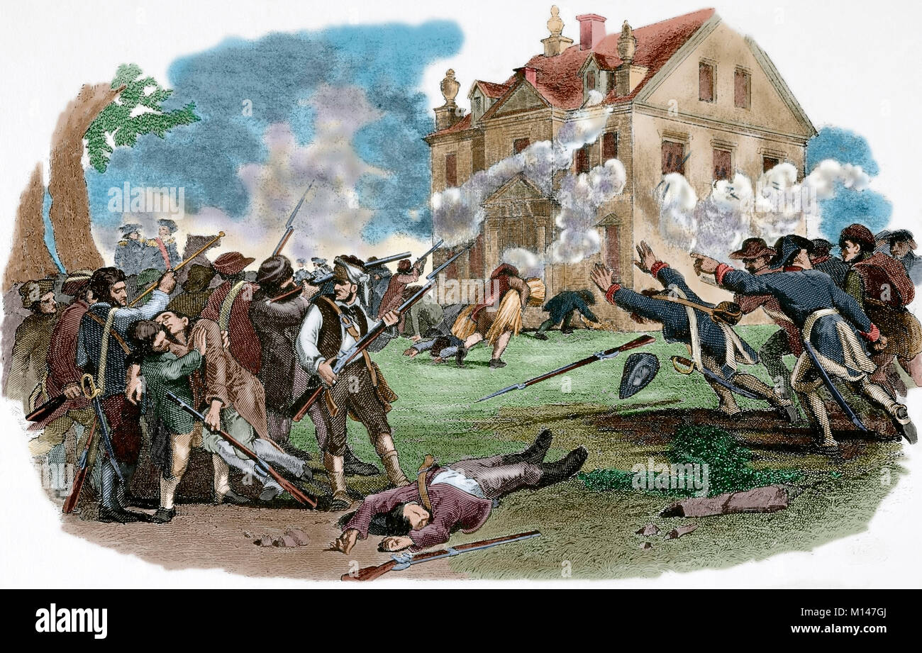 La guerra revolucionaria americana (1775-1783). La Batalla de Germantown, 1777. El ataque de las tropas revolucionarias americana Cliveden (Benjamin Chew House) en Germantown. Grabado. La Revolución americana. Siglo xix. Coloreada. Foto de stock